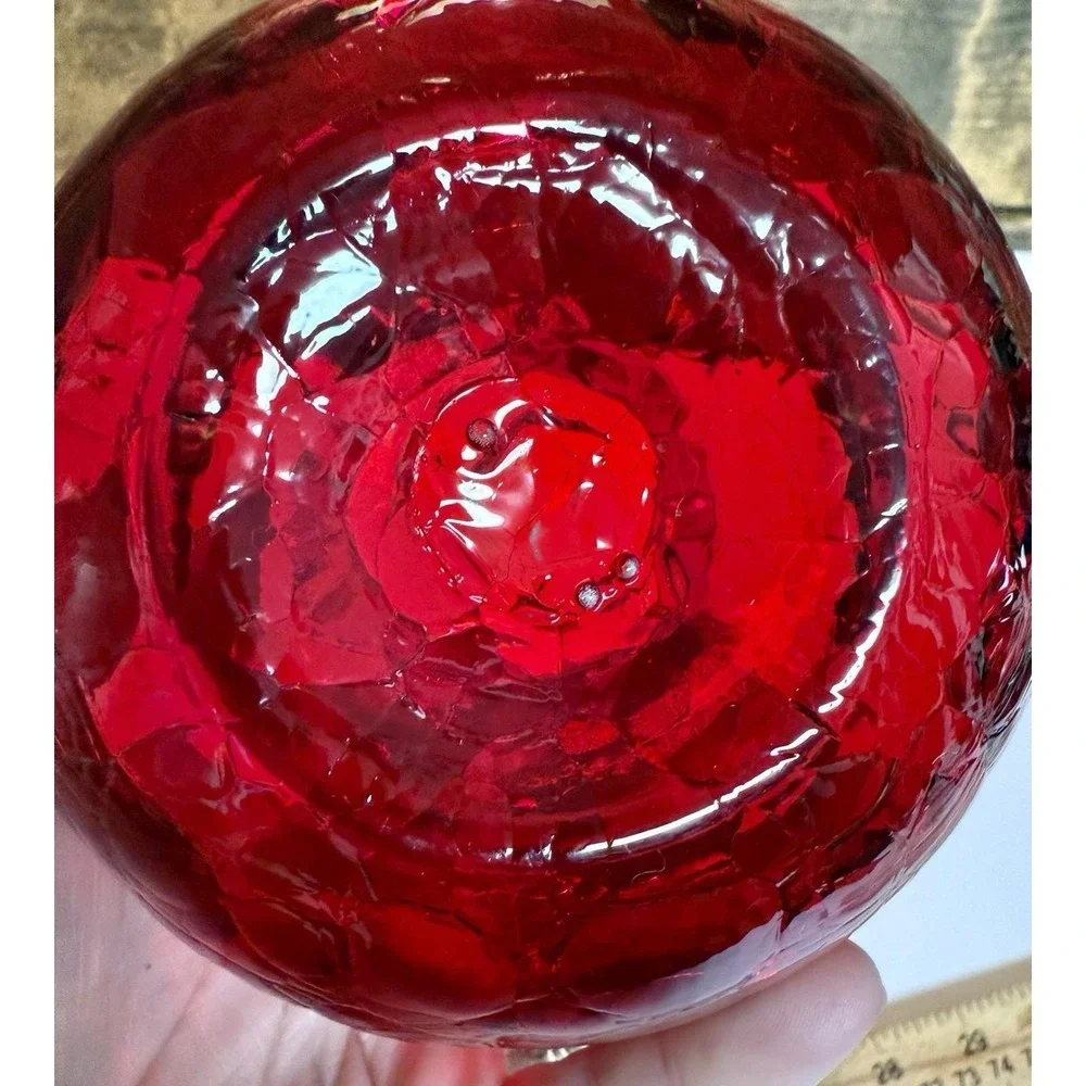 Viking Ruby Red Glass Vase with Applied Clear Band Ruffled Rim Amberina